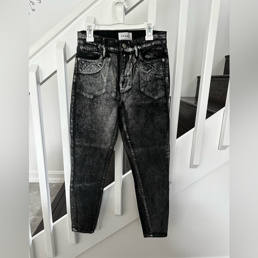 Frame Denim Black and Silver Skinny Jeans